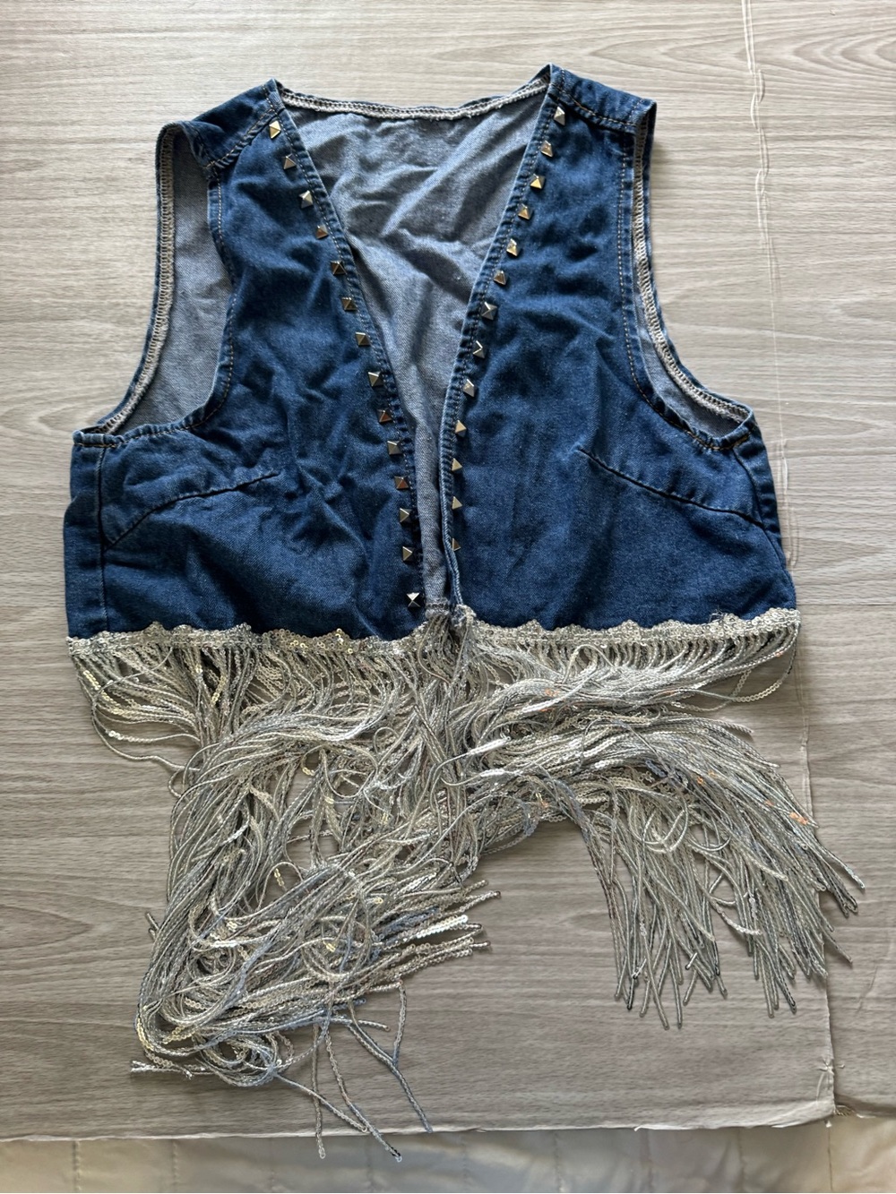 SHEIN Blue Denim Cropped Vest with Silver Fringe